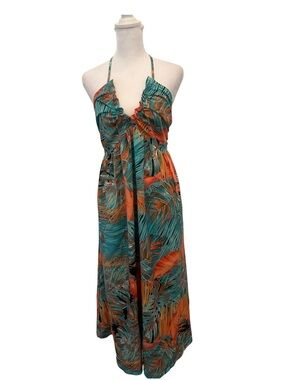 Tropical Halter Maxi Dress in Teal & Orange